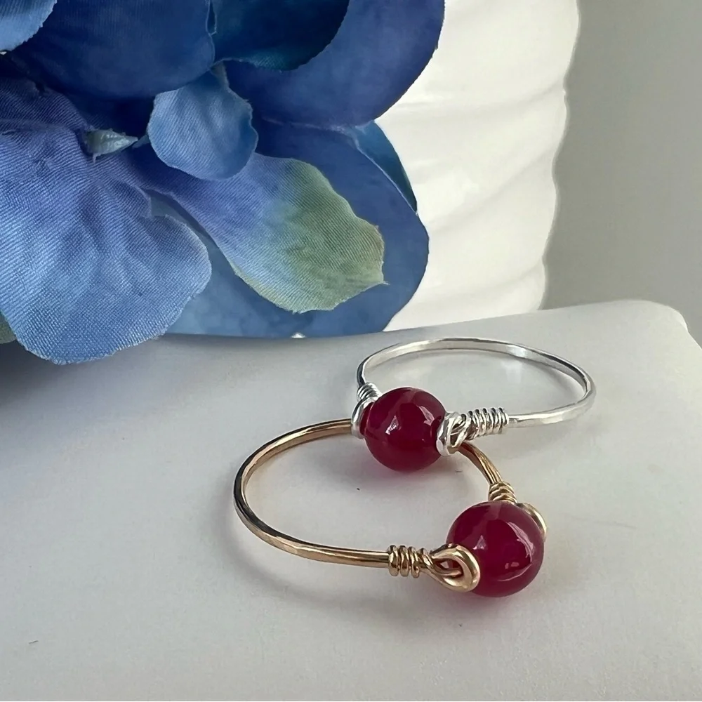 Genuine Ruby Sterling Silver or Gold Filled Wire Wrapped Ring